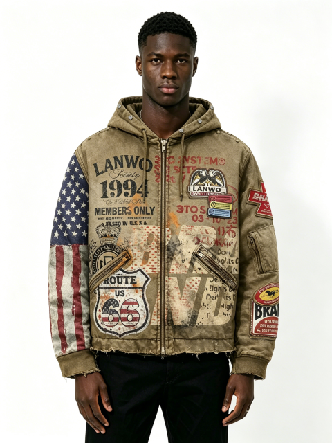 Custom Vintage Washed Route 66 USA Flag Spliced Hooded Bomber Jacket Manufacturer | Men Multi Woven Patch Distressed Frayed Hem Retro Streetwear Outerwear Private Label, 50 MOQ, 7-Day Sample & 15-Day Bulk Lead Time