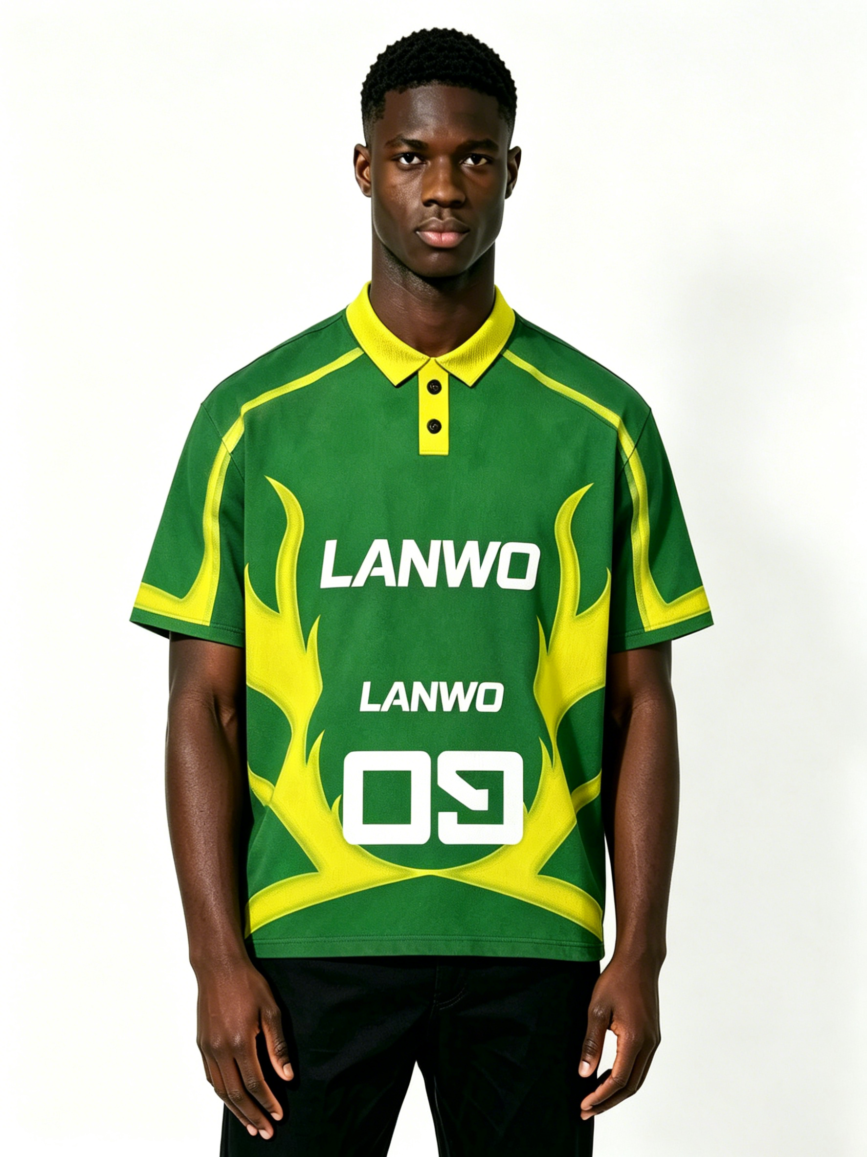 Custom Green Yellow Color Block Sport Polo Shirt Manufacturer | Men Quick Dry Mesh Flame Curve Number 09 Streetwear Jersey Private Label, 50 MOQ, 7-Day Sample & 15-Day Bulk Lead Time