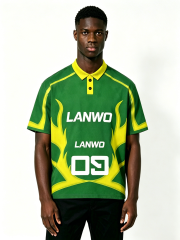 Custom Green Yellow Color Block Sport Polo Shirt Manufacturer | Men Quick Dry Mesh Flame Curve Number 09 Streetwear Jersey Private Label, 50 MOQ, 7-Day Sample & 15-Day Bulk Lead Time