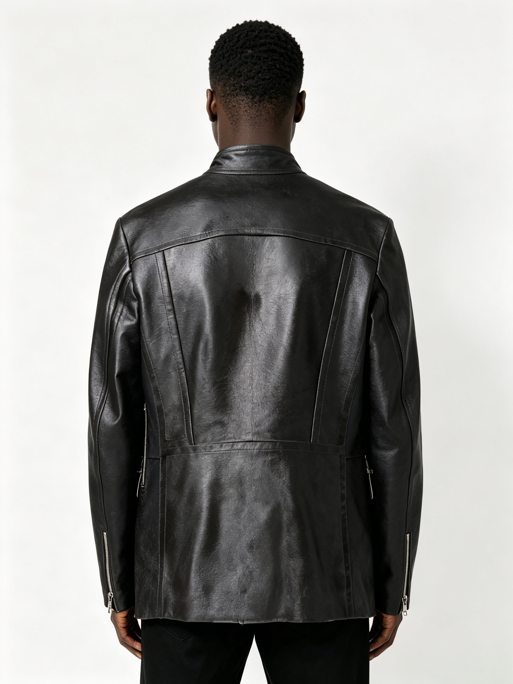 Custom Black Stand Collar Multi Pocket Metal Snap Zipper Faux Leather Biker Jacket Manufacturer | Men Asymmetric Placket Moto Streetwear Leather Coat Private Label, 50 MOQ, 7-Day Sample & 15-Day Bulk Bulk Lead Time