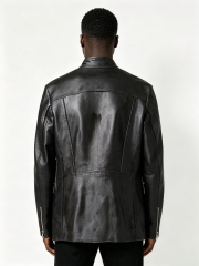 Custom Black Stand Collar Multi Pocket Metal Snap Zipper Faux Leather Biker Jacket Manufacturer | Men Asymmetric Placket Moto Streetwear Leather Coat Private Label, 50 MOQ, 7-Day Sample & 15-Day Bulk Bulk Lead Time