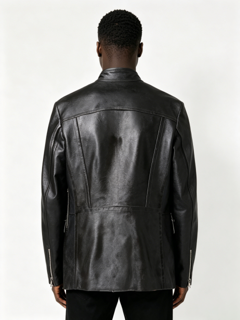 Custom Black Stand Collar Multi Pocket Metal Snap Zipper Faux Leather Biker Jacket Manufacturer | Men Asymmetric Placket Moto Streetwear Leather Coat Private Label, 50 MOQ, 7-Day Sample & 15-Day Bulk Bulk Lead Time