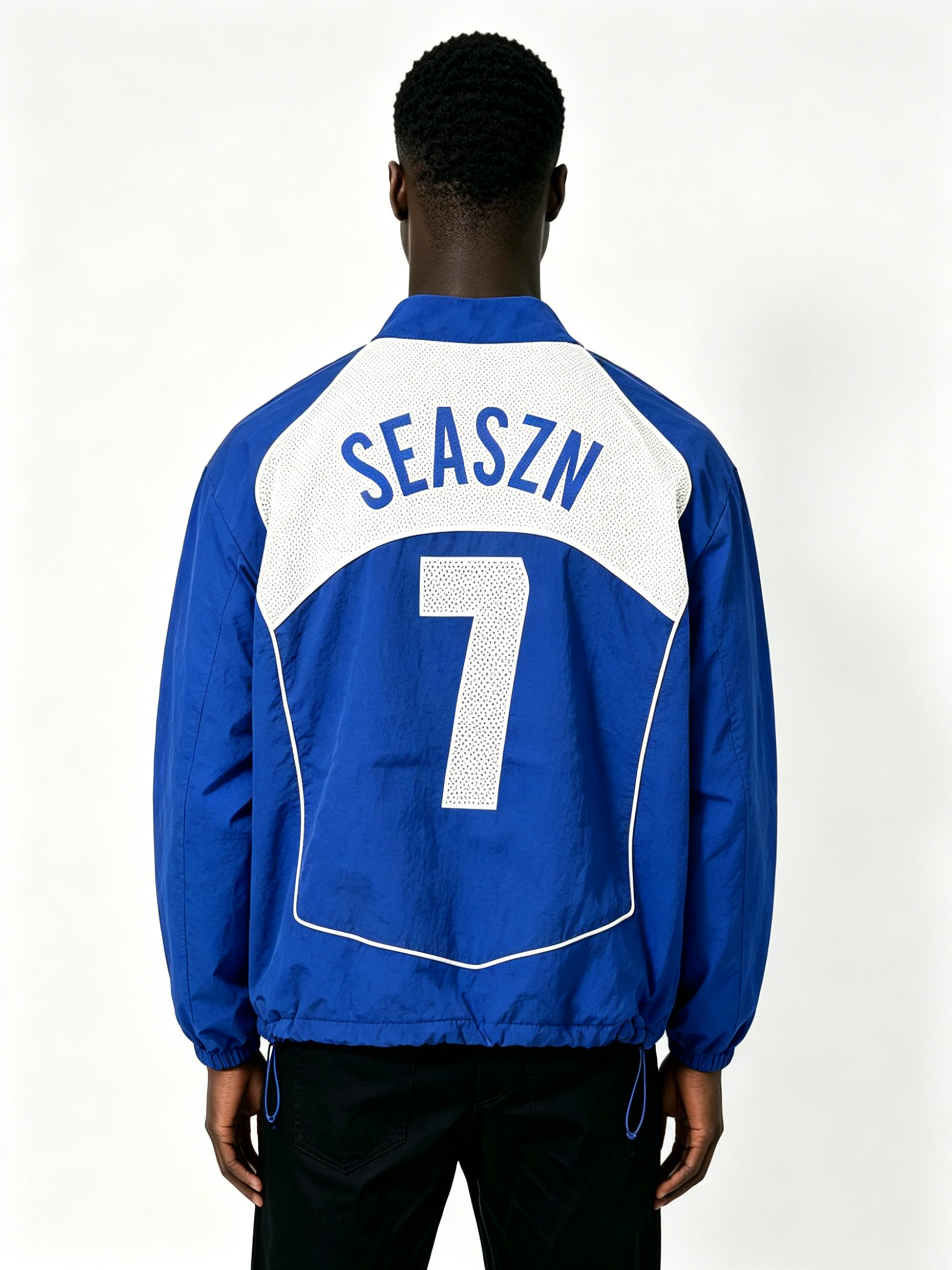 Custom Klein Blue Gradient Spray Curve Stripe Full Zip Stand Collar Windbreaker Jacket Manufacturer | Men Lightweight Nylon Oversized Retro Sport Streetwear Track Coat Private Label, 50 MOQ, 7-Day Sample & 15-Day Bulk Lead Time