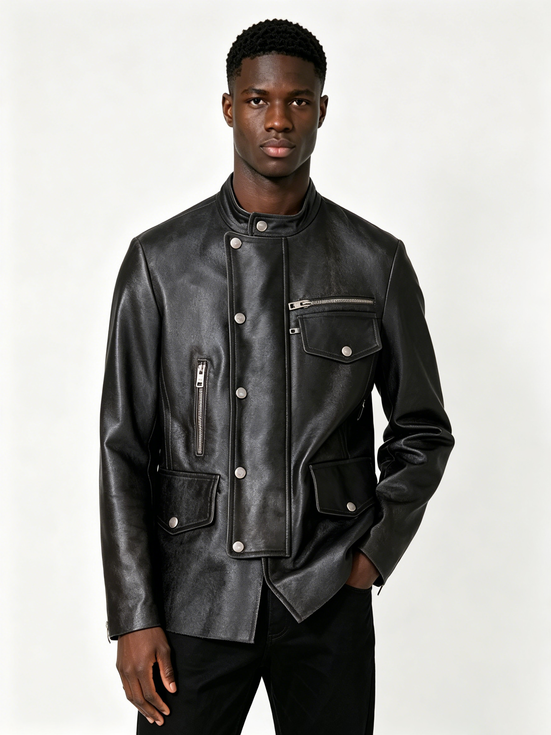 Custom Black Stand Collar Multi Pocket Metal Snap Zipper Faux Leather Biker Jacket Manufacturer | Men Asymmetric Placket Moto Streetwear Leather Coat Private Label, 50 MOQ, 7-Day Sample & 15-Day Bulk Bulk Lead Time