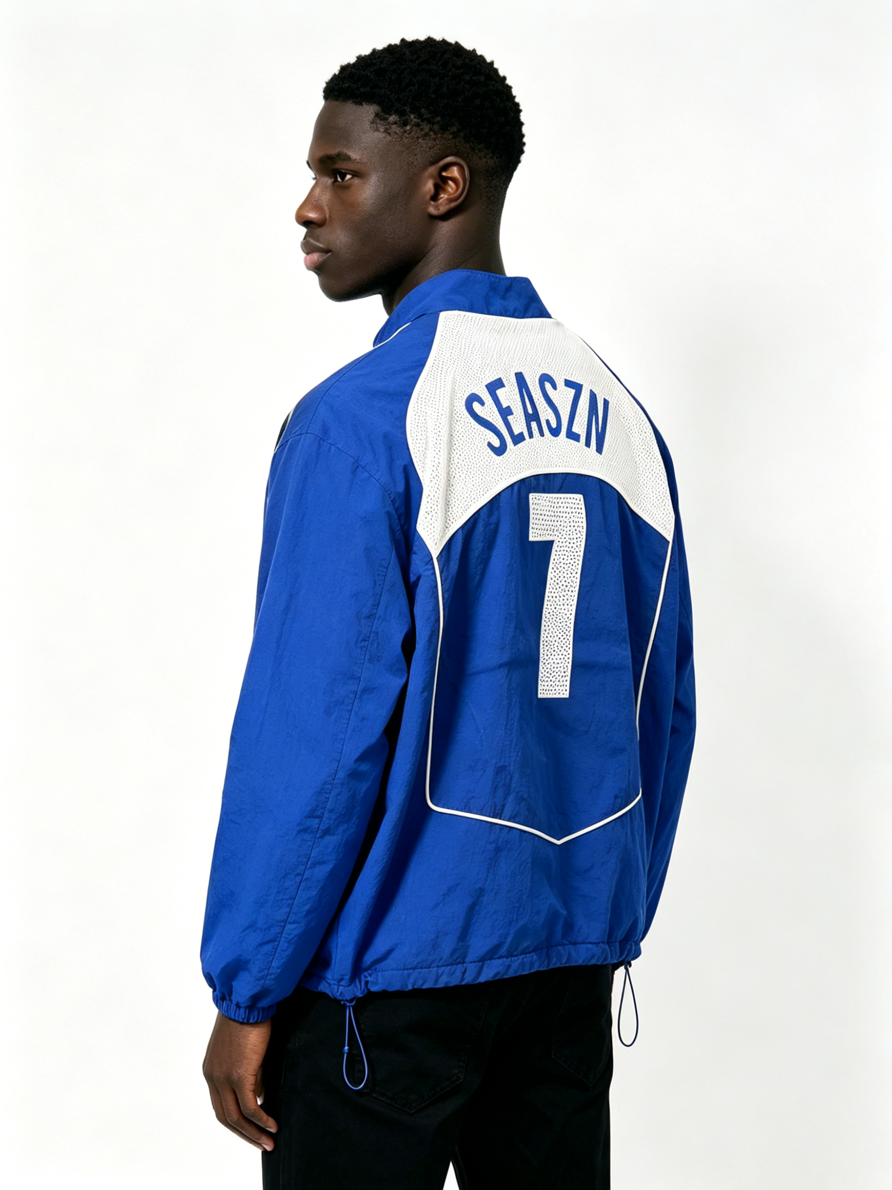 Custom Klein Blue Gradient Spray Curve Stripe Full Zip Stand Collar Windbreaker Jacket Manufacturer | Men Lightweight Nylon Oversized Retro Sport Streetwear Track Coat Private Label, 50 MOQ, 7-Day Sample & 15-Day Bulk Lead Time