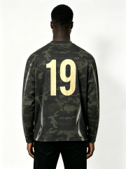 Custom Camo Gradient Spray Curved Seam Raglan Long Sleeve Crewneck Sweatshirt Manufacturer | Men Military Camouflage Gold Logo Oversized Streetwear Pullover Private Label, 50 MOQ, 7-Day Sample & 15-Day Bulk Lead Time