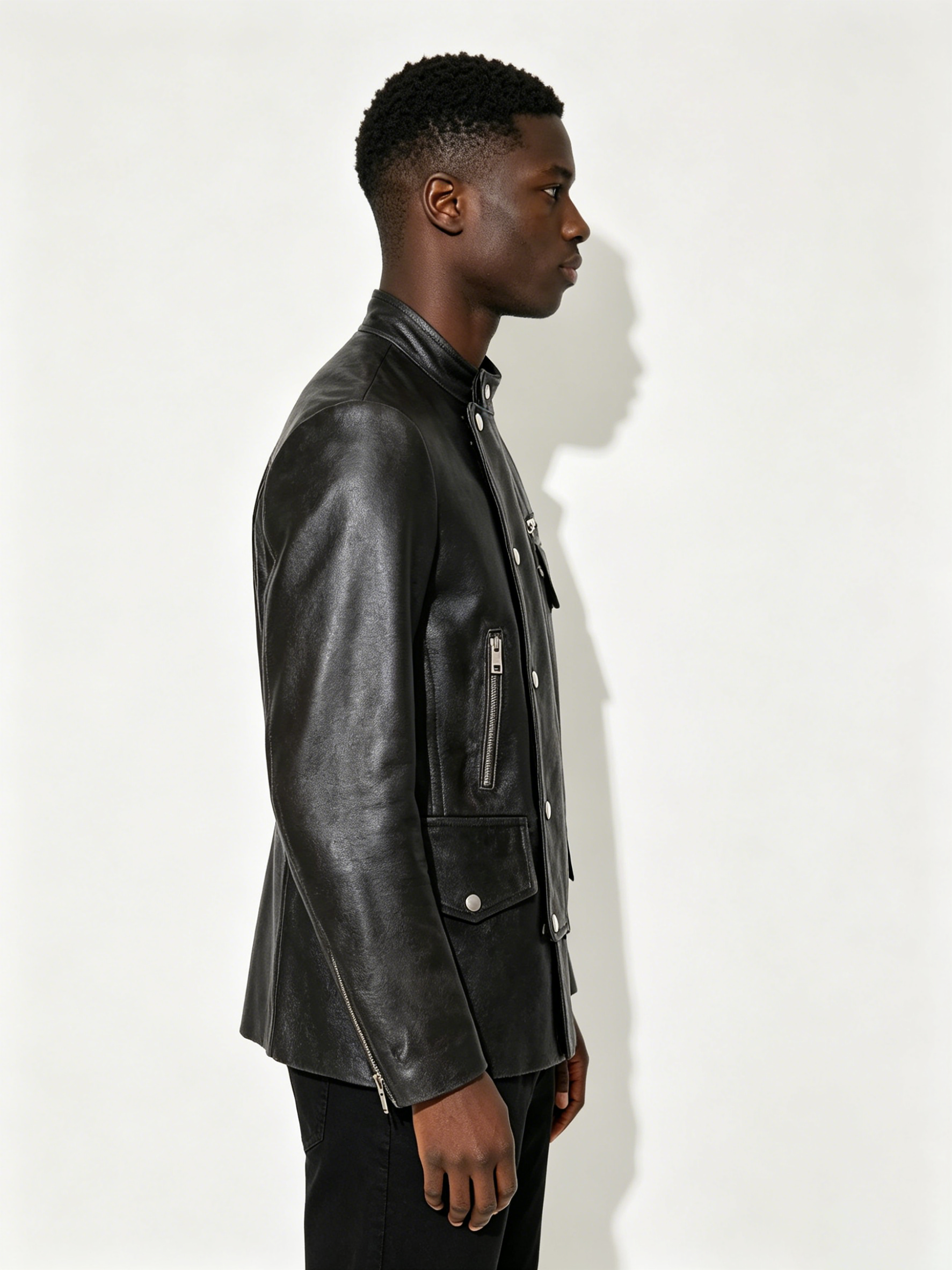 Custom Black Stand Collar Multi Pocket Metal Snap Zipper Faux Leather Biker Jacket Manufacturer | Men Asymmetric Placket Moto Streetwear Leather Coat Private Label, 50 MOQ, 7-Day Sample & 15-Day Bulk Bulk Lead Time
