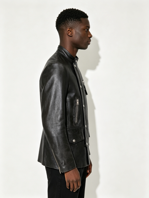 Custom Black Stand Collar Multi Pocket Metal Snap Zipper Faux Leather Biker Jacket Manufacturer | Men Asymmetric Placket Moto Streetwear Leather Coat Private Label, 50 MOQ, 7-Day Sample & 15-Day Bulk Bulk Lead Time