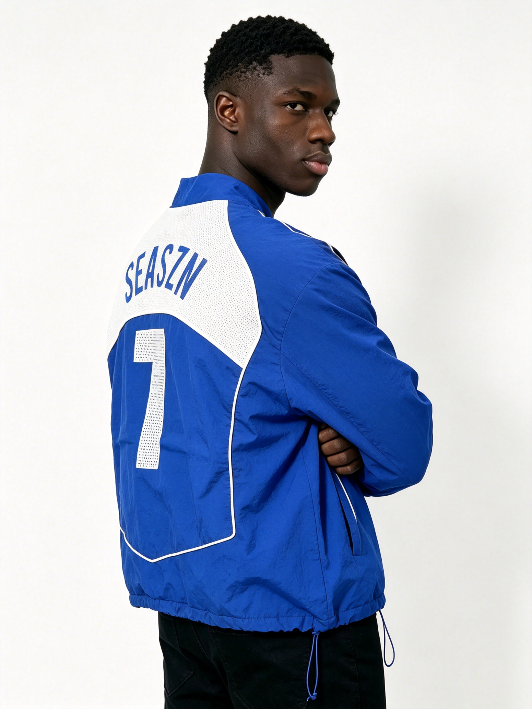 Custom Klein Blue Gradient Spray Curve Stripe Full Zip Stand Collar Windbreaker Jacket Manufacturer | Men Lightweight Nylon Oversized Retro Sport Streetwear Track Coat Private Label, 50 MOQ, 7-Day Sample & 15-Day Bulk Lead Time