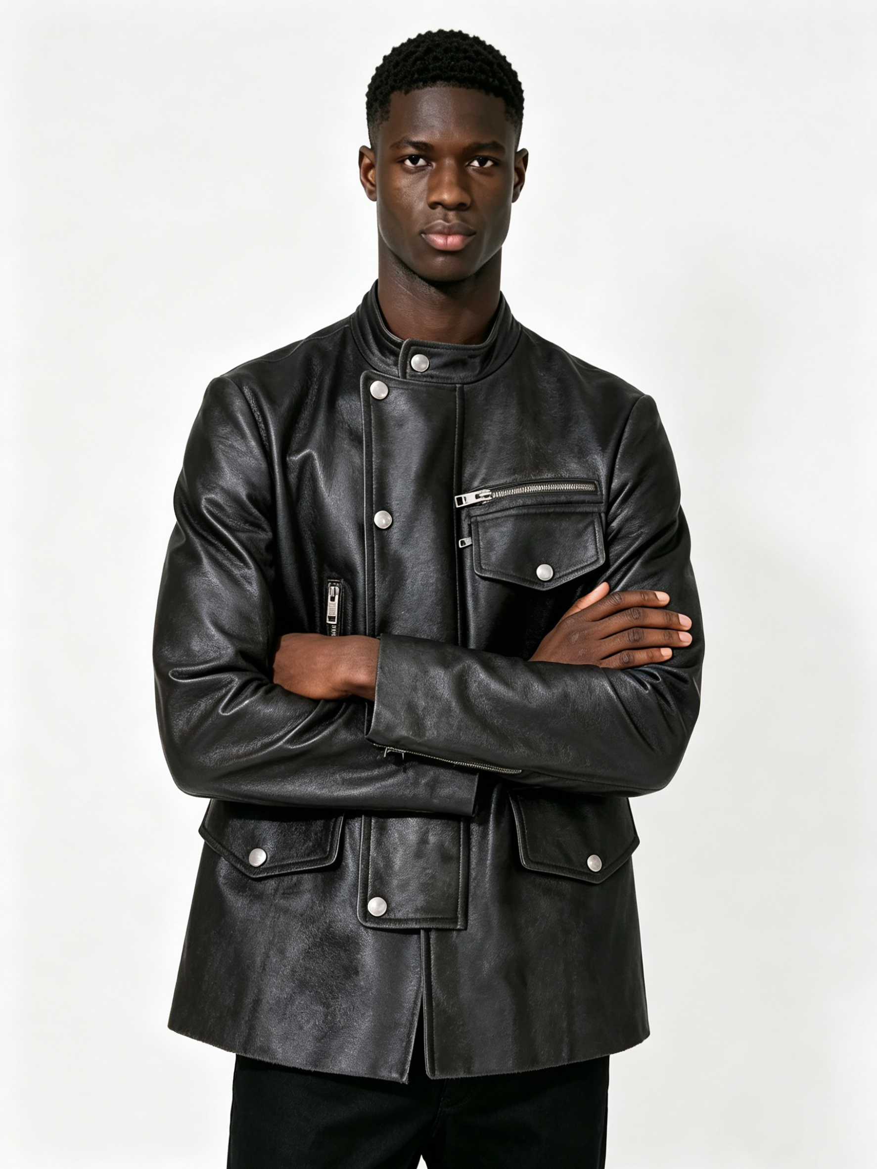 Custom Black Stand Collar Multi Pocket Metal Snap Zipper Faux Leather Biker Jacket Manufacturer | Men Asymmetric Placket Moto Streetwear Leather Coat Private Label, 50 MOQ, 7-Day Sample & 15-Day Bulk Bulk Lead Time