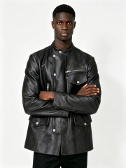 Custom Black Stand Collar Multi Pocket Metal Snap Zipper Faux Leather Biker Jacket Manufacturer | Men Asymmetric Placket Moto Streetwear Leather Coat Private Label, 50 MOQ, 7-Day Sample & 15-Day Bulk Bulk Lead Time