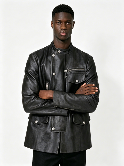 Custom Black Stand Collar Multi Pocket Metal Snap Zipper Faux Leather Biker Jacket Manufacturer | Men Asymmetric Placket Moto Streetwear Leather Coat Private Label, 50 MOQ, 7-Day Sample & 15-Day Bulk Bulk Lead Time