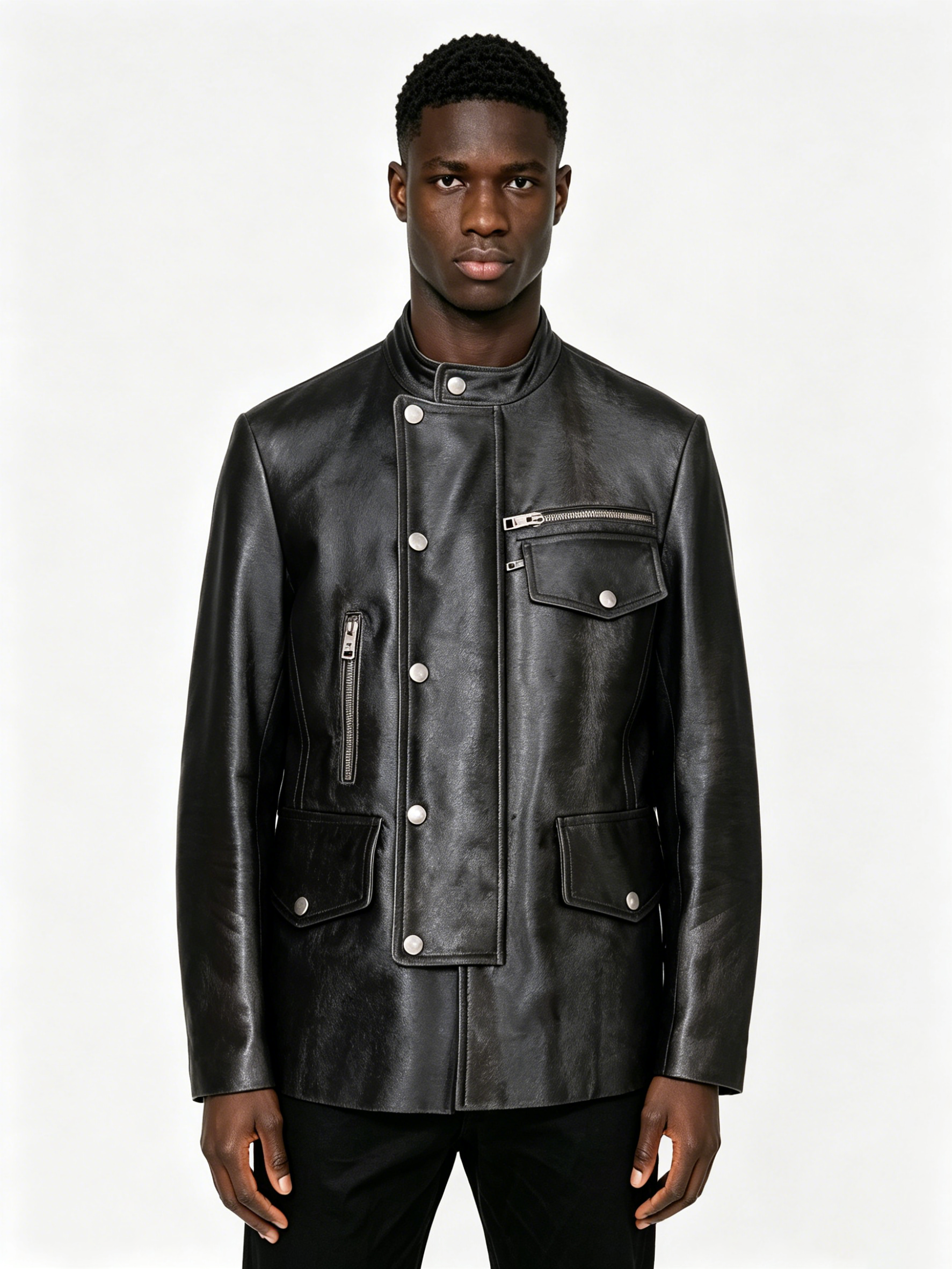 Custom Black Stand Collar Multi Pocket Metal Snap Zipper Faux Leather Biker Jacket Manufacturer | Men Asymmetric Placket Moto Streetwear Leather Coat Private Label, 50 MOQ, 7-Day Sample & 15-Day Bulk Bulk Lead Time