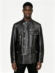 Custom Black Stand Collar Multi Pocket Metal Snap Zipper Faux Leather Biker Jacket Manufacturer | Men Asymmetric Placket Moto Streetwear Leather Coat Private Label, 50 MOQ, 7-Day Sample & 15-Day Bulk Bulk Lead Time