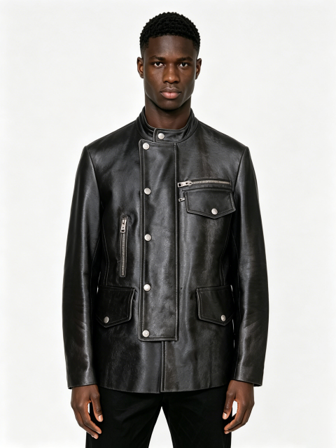 Custom Black Stand Collar Multi Pocket Metal Snap Zipper Faux Leather Biker Jacket Manufacturer | Men Asymmetric Placket Moto Streetwear Leather Coat Private Label, 50 MOQ, 7-Day Sample & 15-Day Bulk Bulk Lead Time