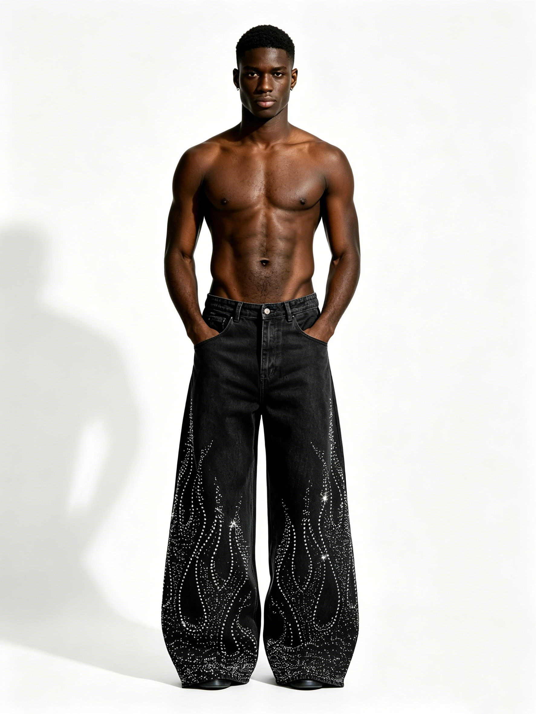 Custom Black Vintage Wash Rhinestone Flame Wide Leg Baggy Denim Jeans Manufacturer | Men Gradient Hotfix Crystal Flare Streetwear Denim Pants Private Label, 50 MOQ, 7-Day Sample & 15-Day Bulk Lead Time