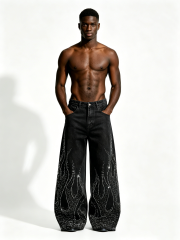 Custom Black Vintage Wash Rhinestone Flame Wide Leg Baggy Denim Jeans Manufacturer | Men Gradient Hotfix Crystal Flare Streetwear Denim Pants Private Label, 50 MOQ, 7-Day Sample & 15-Day Bulk Lead Time