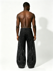 Custom Black Vintage Wash Rhinestone Flame Wide Leg Baggy Denim Jeans Manufacturer | Men Gradient Hotfix Crystal Flare Streetwear Denim Pants Private Label, 50 MOQ, 7-Day Sample & 15-Day Bulk Lead Time