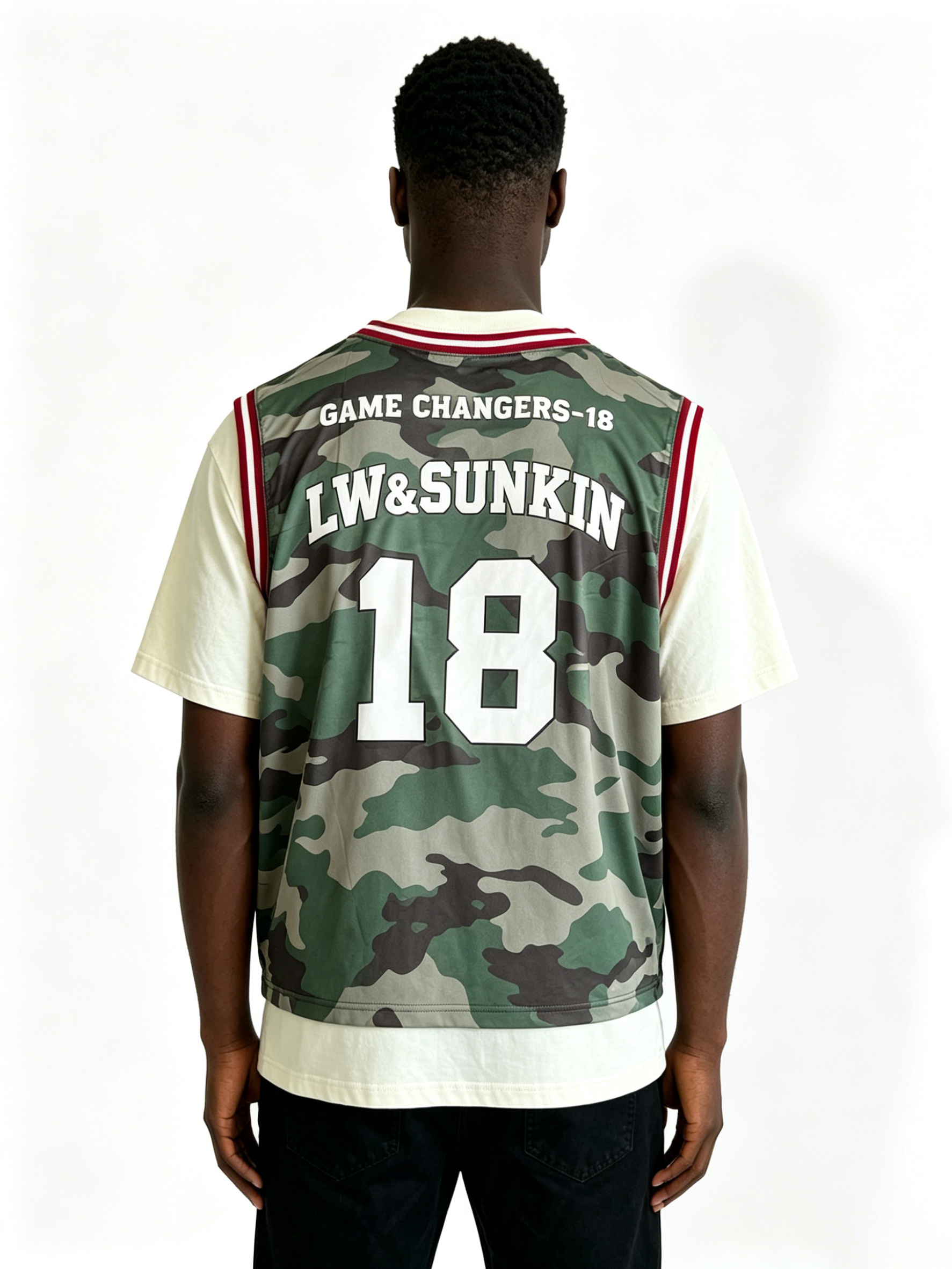 Custom Woodland Camo Double Layer Basketball Jersey Tank Top Manufacturer | Men Red White Striped Collar Number 18 Oversized Sport Streetwear Mesh Vest Private Label, 50 MOQ, 7-Day Sample & 15-Day Bulk Lead Time