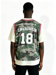 Custom Woodland Camo Double Layer Basketball Jersey Tank Top Manufacturer | Men Red White Striped Collar Number 18 Oversized Sport Streetwear Mesh Vest Private Label, 50 MOQ, 7-Day Sample & 15-Day Bulk Lead Time