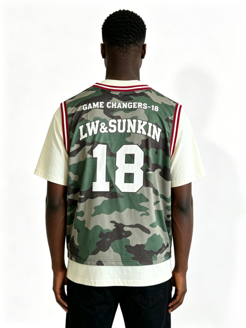 Custom Woodland Camo Double Layer Basketball Jersey Tank Top Manufacturer | Men Red White Striped Collar Number 18 Oversized Sport Streetwear Mesh Vest Private Label, 50 MOQ, 7-Day Sample & 15-Day Bulk Lead Time
