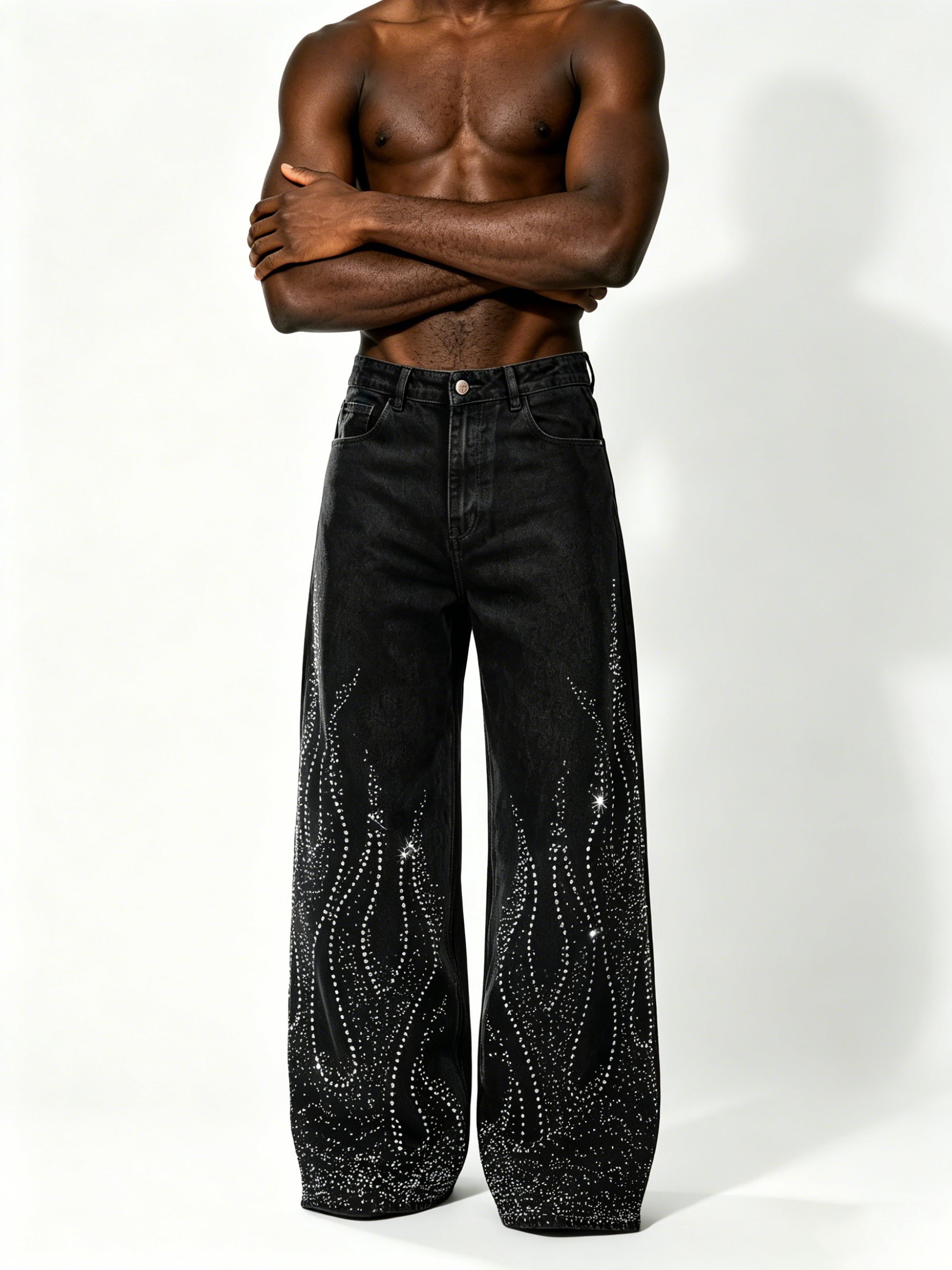 Custom Black Vintage Wash Rhinestone Flame Wide Leg Baggy Denim Jeans Manufacturer | Men Gradient Hotfix Crystal Flare Streetwear Denim Pants Private Label, 50 MOQ, 7-Day Sample & 15-Day Bulk Lead Time