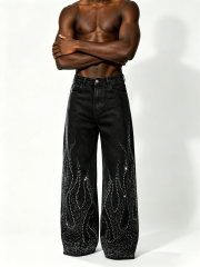 Custom Black Vintage Wash Rhinestone Flame Wide Leg Baggy Denim Jeans Manufacturer | Men Gradient Hotfix Crystal Flare Streetwear Denim Pants Private Label, 50 MOQ, 7-Day Sample & 15-Day Bulk Lead Time