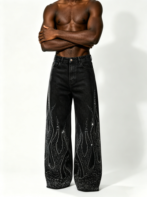 Custom Black Vintage Wash Rhinestone Flame Wide Leg Baggy Denim Jeans Manufacturer | Men Gradient Hotfix Crystal Flare Streetwear Denim Pants Private Label, 50 MOQ, 7-Day Sample & 15-Day Bulk Lead Time