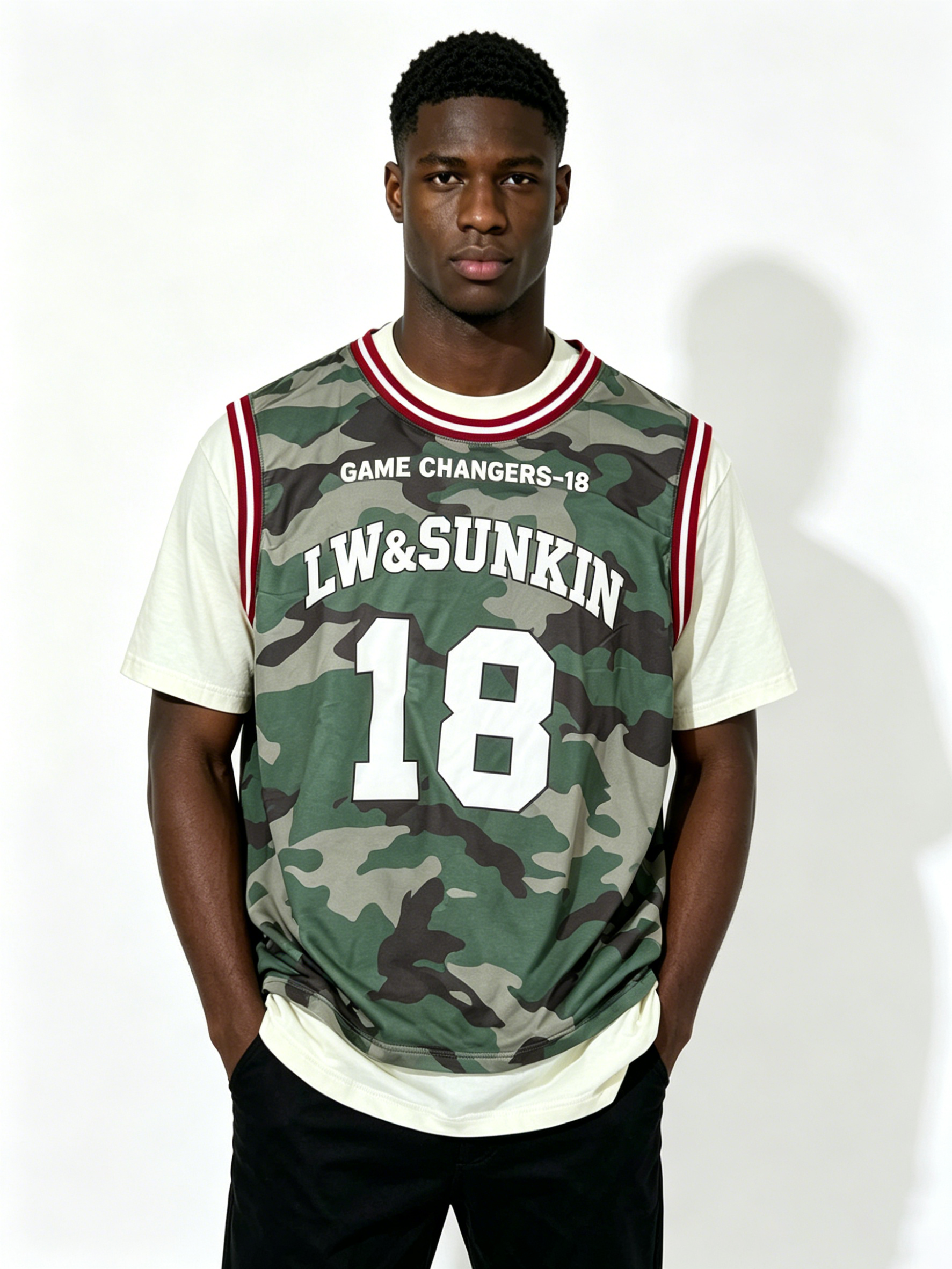 Custom Woodland Camo Double Layer Basketball Jersey Tank Top Manufacturer | Men Red White Striped Collar Number 18 Oversized Sport Streetwear Mesh Vest Private Label, 50 MOQ, 7-Day Sample & 15-Day Bulk Lead Time