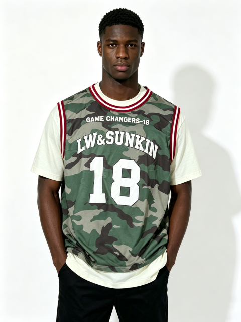 Custom Woodland Camo Double Layer Basketball Jersey Tank Top Manufacturer | Men Red White Striped Collar Number 18 Oversized Sport Streetwear Mesh Vest Private Label, 50 MOQ, 7-Day Sample & 15-Day Bulk Lead Time