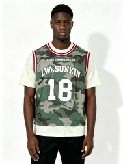 Custom Woodland Camo Double Layer Basketball Jersey Tank Top Manufacturer | Men Red White Striped Collar Number 18 Oversized Sport Streetwear Mesh Vest Private Label, 50 MOQ, 7-Day Sample & 15-Day Bulk Lead Time