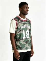 Custom Woodland Camo Double Layer Basketball Jersey Tank Top Manufacturer | Men Red White Striped Collar Number 18 Oversized Sport Streetwear Mesh Vest Private Label, 50 MOQ, 7-Day Sample & 15-Day Bulk Lead Time
