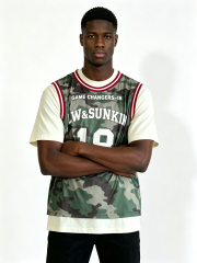 Custom Woodland Camo Double Layer Basketball Jersey Tank Top Manufacturer | Men Red White Striped Collar Number 18 Oversized Sport Streetwear Mesh Vest Private Label, 50 MOQ, 7-Day Sample & 15-Day Bulk Lead Time