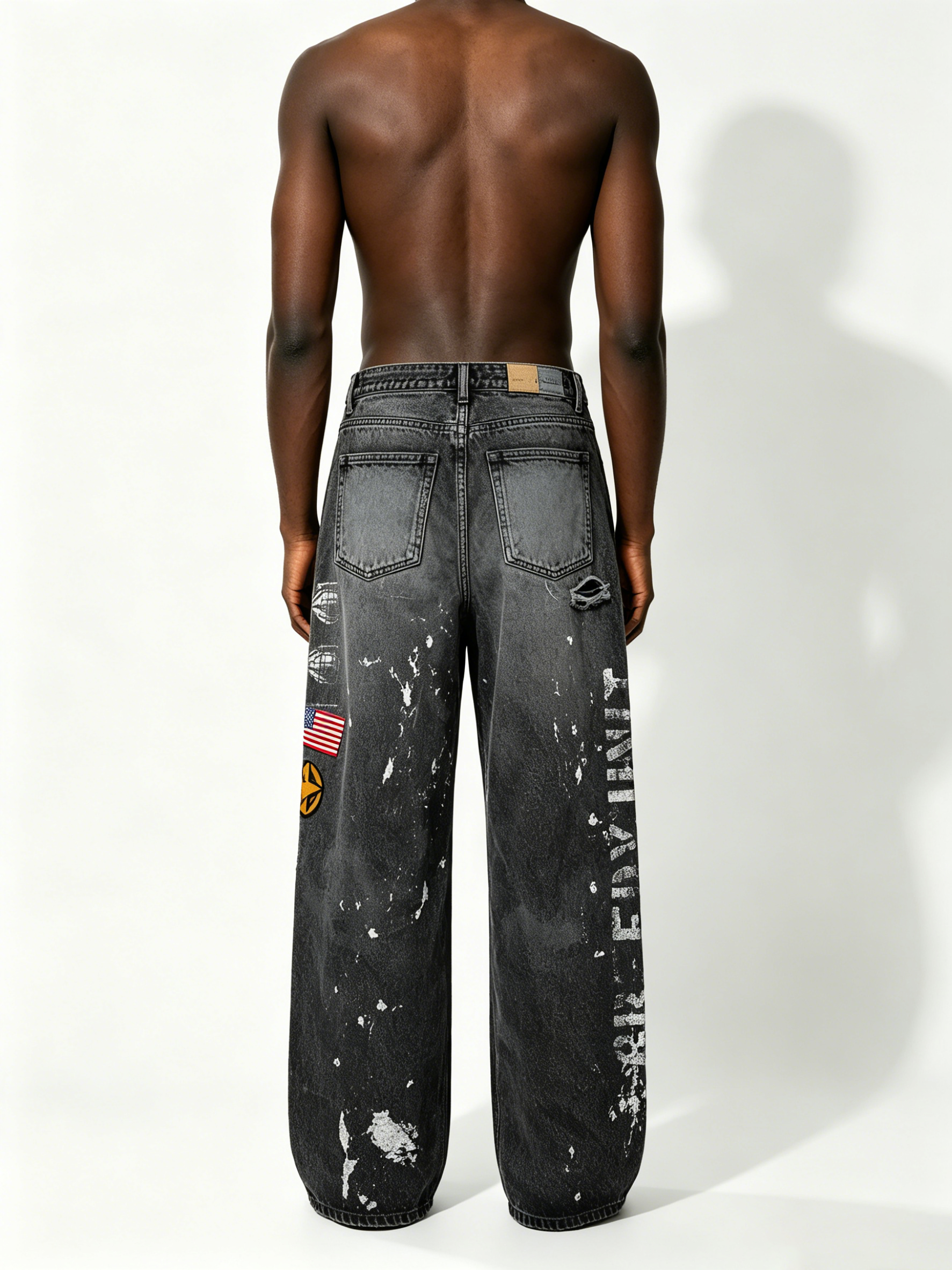 Custom Black Faded Wash Splatter Paint Military Patch Distressed Wide Leg Denim Jeans Manufacturer | Men Army Badge Ripped Baggy Grunge Streetwear Denim Pants Private Label, 50 MOQ, 7-Day Sample & 15-Day Bulk Lead Time