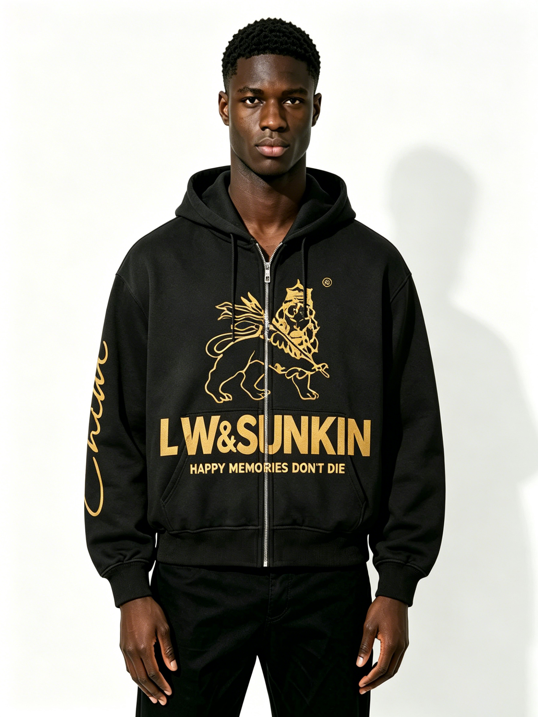 Custom Solid Black Full Zip Hooded Sweatshirt Manufacturer | Men Gold Line Lion Crown Graphic Oversized Luxury Streetwear Zip Up Hoodie Private Label, 50 MOQ, 7-Day Sample & 15-Day Bulk Lead Time