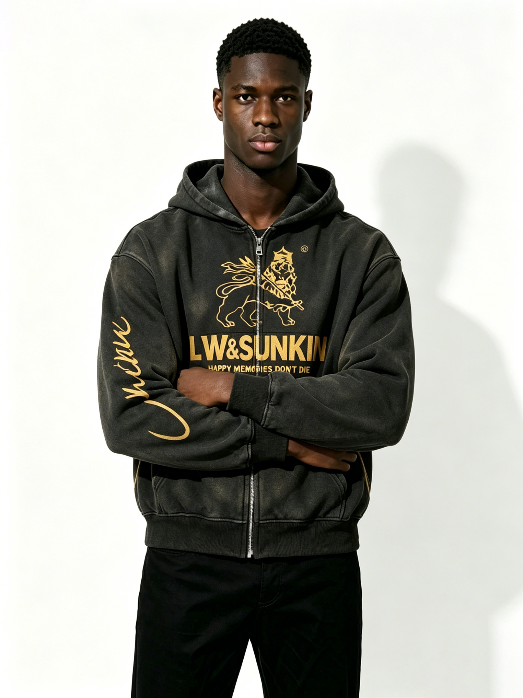 Custom Solid Black Full Zip Hooded Sweatshirt Manufacturer | Men Gold Line Lion Crown Graphic Oversized Luxury Streetwear Zip Up Hoodie Private Label, 50 MOQ, 7-Day Sample & 15-Day Bulk Lead Time