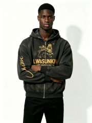 Custom Solid Black Full Zip Hooded Sweatshirt Manufacturer | Men Gold Line Lion Crown Graphic Oversized Luxury Streetwear Zip Up Hoodie Private Label, 50 MOQ, 7-Day Sample & 15-Day Bulk Lead Time