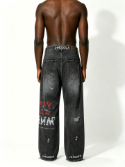 Custom Faded Black Wash Vertical Rhinestone Letter Multi Rip Distressed Raw Hem Wide Leg Denim Jeans Manufacturer | Men Graffiti Print Oversized Baggy Grunge Streetwear Denim Pants Private Label, 50 MOQ, 7-Day Sample & 15-Day Bulk Lead Time
