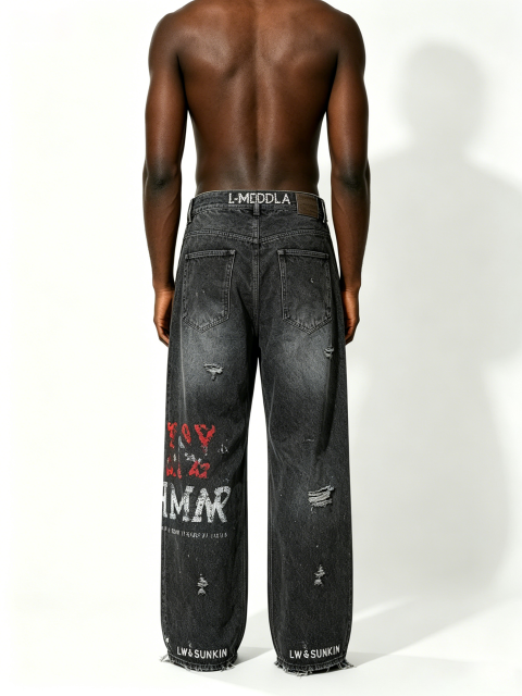 Custom Faded Black Wash Vertical Rhinestone Letter Multi Rip Distressed Raw Hem Wide Leg Denim Jeans Manufacturer | Men Graffiti Print Oversized Baggy Grunge Streetwear Denim Pants Private Label, 50 MOQ, 7-Day Sample & 15-Day Bulk Lead Time
