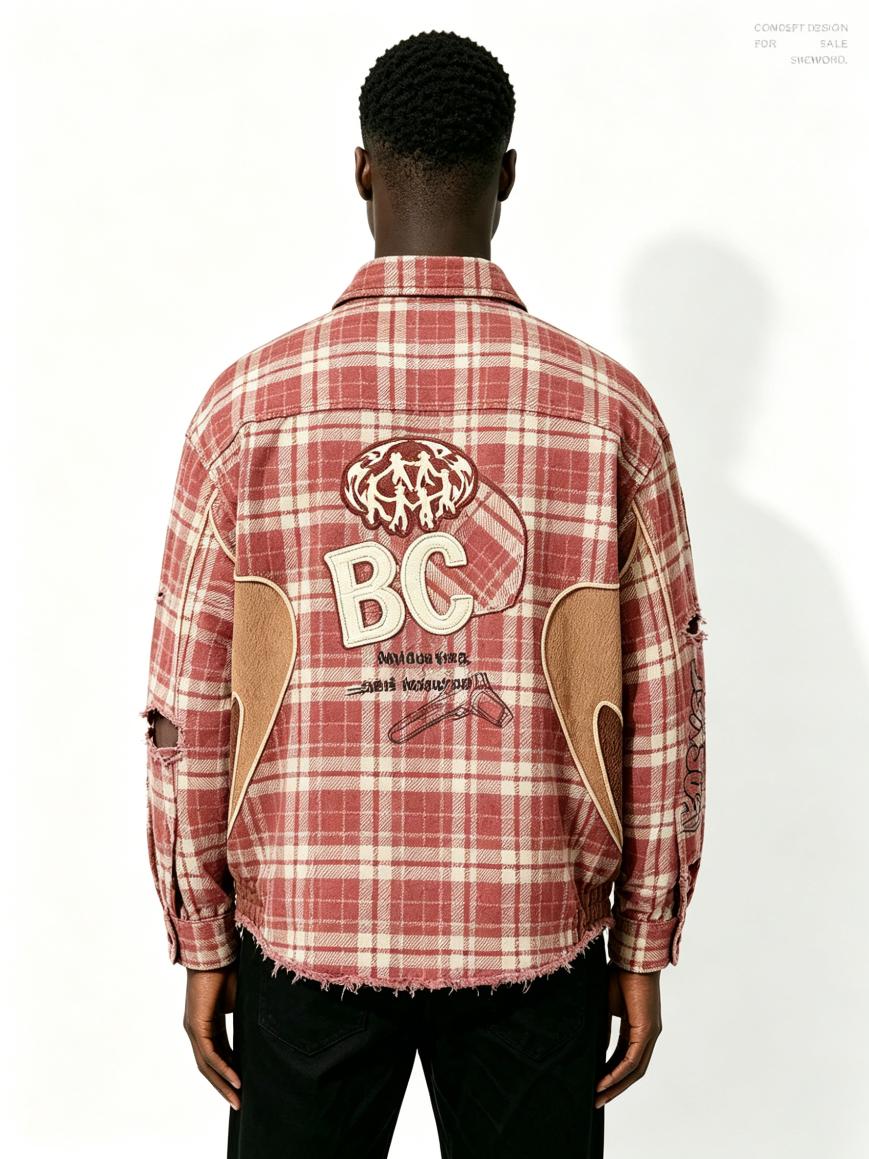 Custom Red White Plaid Distressed Raw Hem Patchwork Flannel Button Down Shirt Manufacturer | Men Rhinestone Oval Patch BC Letter Embroidery Oversized Grunge Streetwear Long Sleeve Shirt Private Label, 50 MOQ, 7-Day Sample & 15-Day Bulk Lead Time