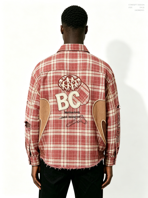 Custom Red White Plaid Distressed Raw Hem Patchwork Flannel Button Down Shirt Manufacturer | Men Rhinestone Oval Patch BC Letter Embroidery Oversized Grunge Streetwear Long Sleeve Shirt Private Label, 50 MOQ, 7-Day Sample & 15-Day Bulk Lead Time