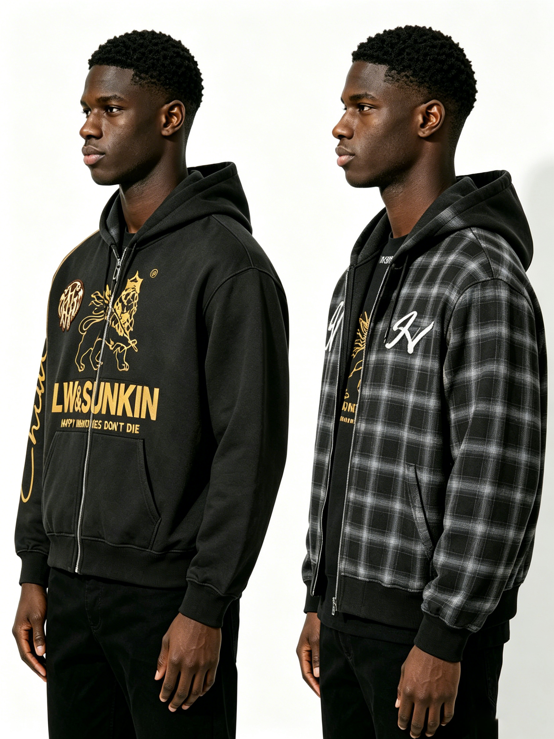 Custom Solid Black Full Zip Hooded Sweatshirt Manufacturer | Men Gold Line Lion Crown Graphic Oversized Luxury Streetwear Zip Up Hoodie Private Label, 50 MOQ, 7-Day Sample & 15-Day Bulk Lead Time