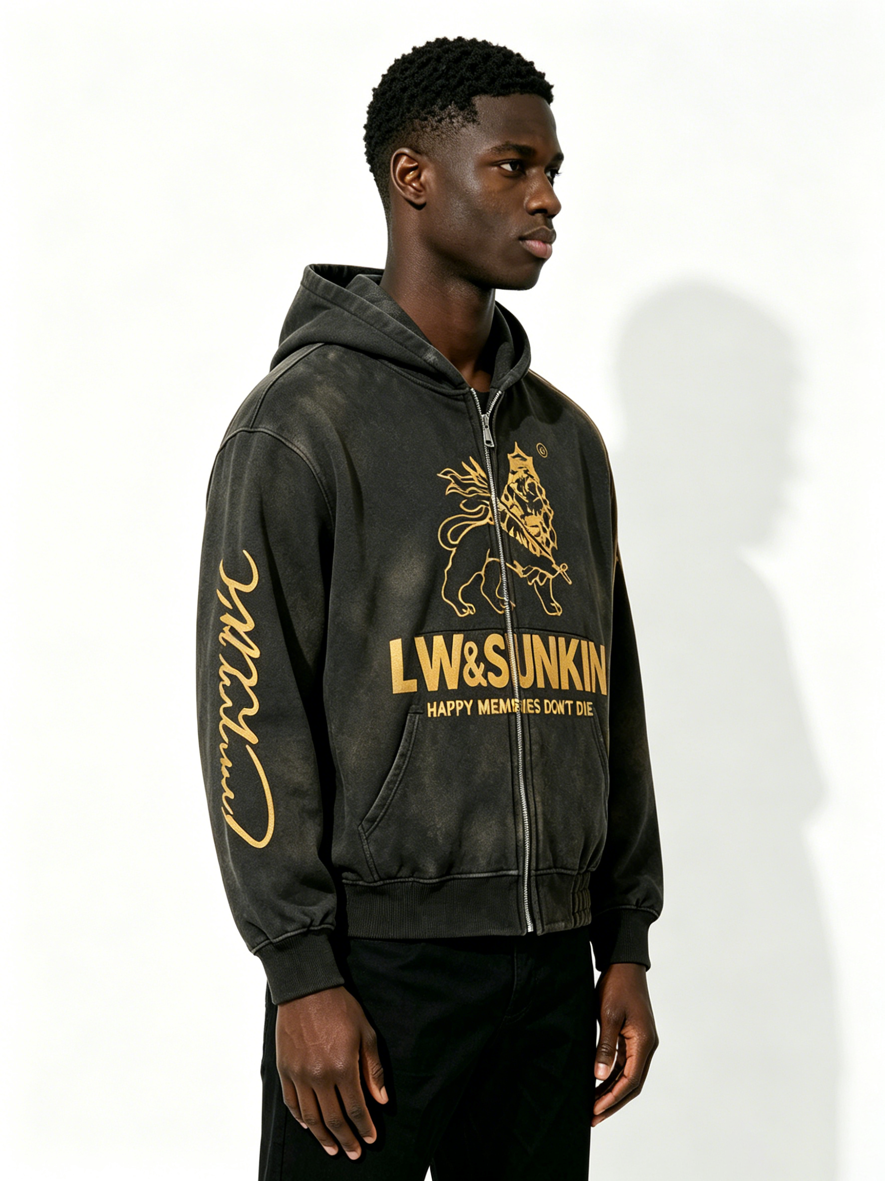 Custom Solid Black Full Zip Hooded Sweatshirt Manufacturer | Men Gold Line Lion Crown Graphic Oversized Luxury Streetwear Zip Up Hoodie Private Label, 50 MOQ, 7-Day Sample & 15-Day Bulk Lead Time