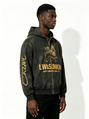 Custom Solid Black Full Zip Hooded Sweatshirt Manufacturer | Men Gold Line Lion Crown Graphic Oversized Luxury Streetwear Zip Up Hoodie Private Label, 50 MOQ, 7-Day Sample & 15-Day Bulk Lead Time