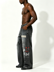 Custom Faded Black Wash Vertical Rhinestone Letter Multi Rip Distressed Raw Hem Wide Leg Denim Jeans Manufacturer | Men Graffiti Print Oversized Baggy Grunge Streetwear Denim Pants Private Label, 50 MOQ, 7-Day Sample & 15-Day Bulk Lead Time