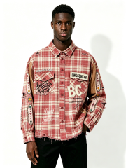 Custom Red White Plaid Distressed Raw Hem Patchwork Flannel Button Down Shirt Manufacturer | Men Rhinestone Oval Patch BC Letter Embroidery Oversized Grunge Streetwear Long Sleeve Shirt Private Label, 50 MOQ, 7-Day Sample & 15-Day Bulk Lead Time