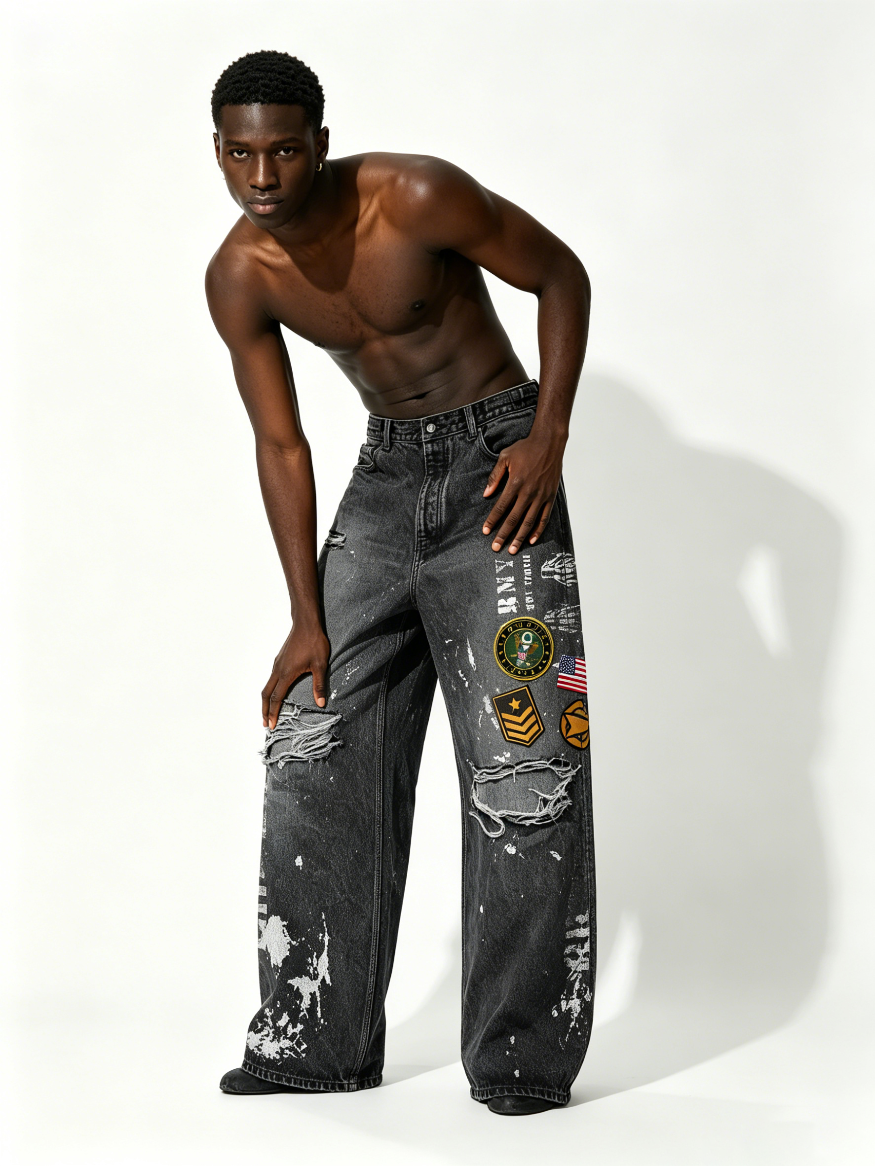 Custom Black Faded Wash Splatter Paint Military Patch Distressed Wide Leg Denim Jeans Manufacturer | Men Army Badge Ripped Baggy Grunge Streetwear Denim Pants Private Label, 50 MOQ, 7-Day Sample & 15-Day Bulk Lead Time