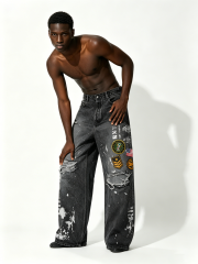 Custom Black Faded Wash Splatter Paint Military Patch Distressed Wide Leg Denim Jeans Manufacturer | Men Army Badge Ripped Baggy Grunge Streetwear Denim Pants Private Label, 50 MOQ, 7-Day Sample & 15-Day Bulk Lead Time