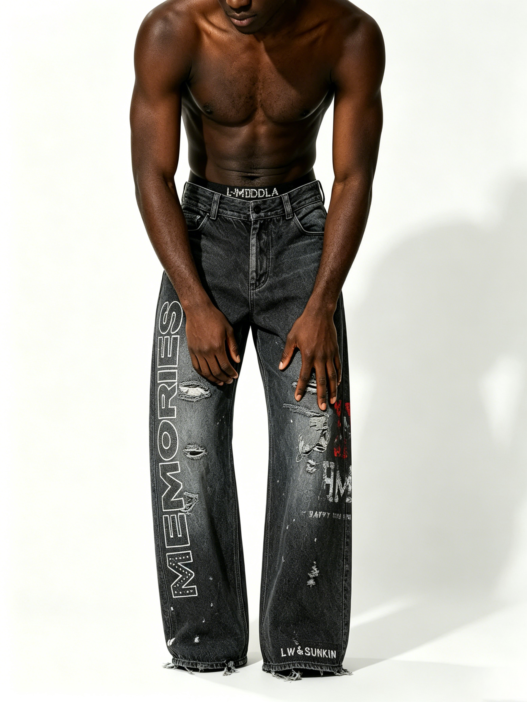 Custom Faded Black Wash Vertical Rhinestone Letter Multi Rip Distressed Raw Hem Wide Leg Denim Jeans Manufacturer | Men Graffiti Print Oversized Baggy Grunge Streetwear Denim Pants Private Label, 50 MOQ, 7-Day Sample & 15-Day Bulk Lead Time