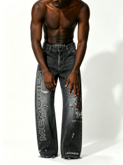Custom Faded Black Wash Vertical Rhinestone Letter Multi Rip Distressed Raw Hem Wide Leg Denim Jeans Manufacturer | Men Graffiti Print Oversized Baggy Grunge Streetwear Denim Pants Private Label, 50 MOQ, 7-Day Sample & 15-Day Bulk Lead Time